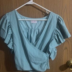 Pink Lily Sky Blue Ruffle Sleeve Blouse